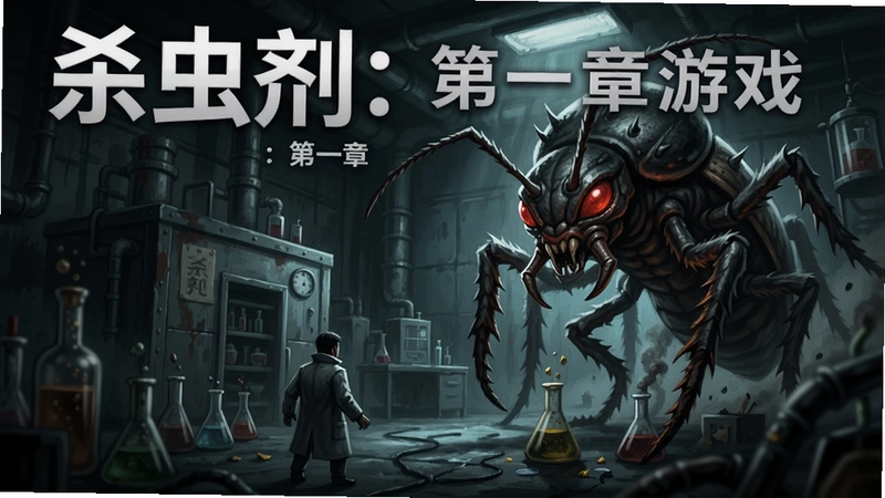杀虫剂:第一章游戏 主题封面,展现阴暗研究所与巨型虫怪对峙场面,“杀虫剂:第一章游戏”