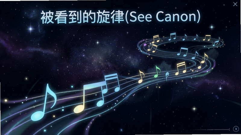 被看到的旋律(See Canon)游戏主界面,展示流光音符轨迹与星空背景,画面中包含“被看到的旋律(See Canon)”标题文字