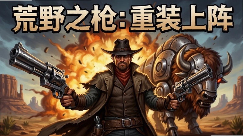 荒野之枪:重装上阵 游戏主视觉图,身披斗篷的西部枪手双持巨型左轮,背后是爆炸火焰与机械野牛BOSS,画面上方标注“荒野之枪:重装上阵”标题文字