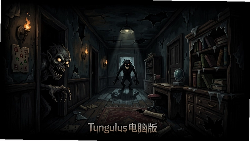 “Tungulus电脑版”恐怖冒险游戏场景,黑暗中隐藏的怪物,解谜元素,阴暗走廊与破旧书房,游戏氛围插图