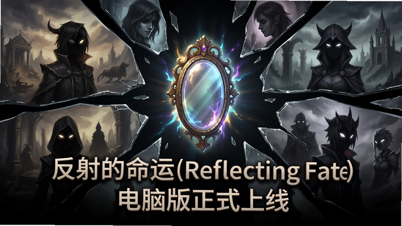 反射的命运(Reflecting Fate)游戏主视觉,破碎镜面中映出不同角色的命运剪影,中央漂浮着发光古镜,文字“反射的命运(Reflecting Fate)电脑版正式上线”