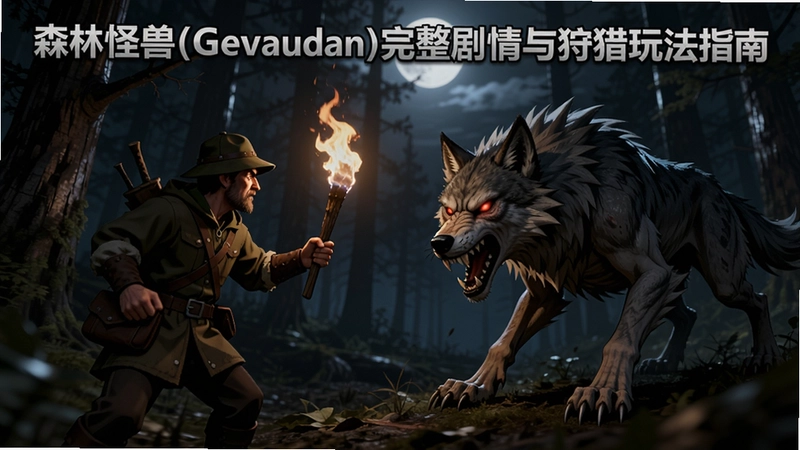 一位猎人手持火把在月光下的黑暗森林中与巨狼森林怪兽(Gevaudan)对峙的场景,画面充满紧张感,“森林怪兽(Gevaudan)完整剧情与狩猎玩法指南”