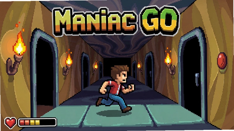 Maniac GO游戏主界面,角色在扭曲的走廊中奔跑,像素风格,带有“Maniac GO”标题