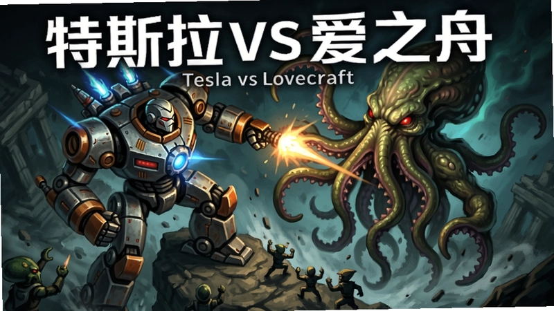 “特斯拉VS爱之舟(Tesla vs Lovecraft)”游戏封面,特斯拉机甲与克苏鲁怪物激烈战斗场景,俯视角射击