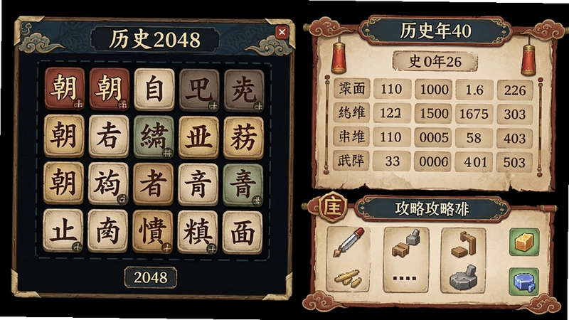 历史2048电脑版游戏整体展示,包含朝代方块合成界面、历史年表、中国风UI、攻略元素。