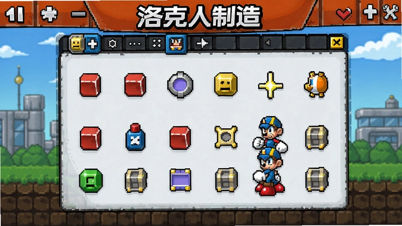 洛克人制造游戏主界面,关卡编辑器展示,各种元件和角色,充满创造乐趣的