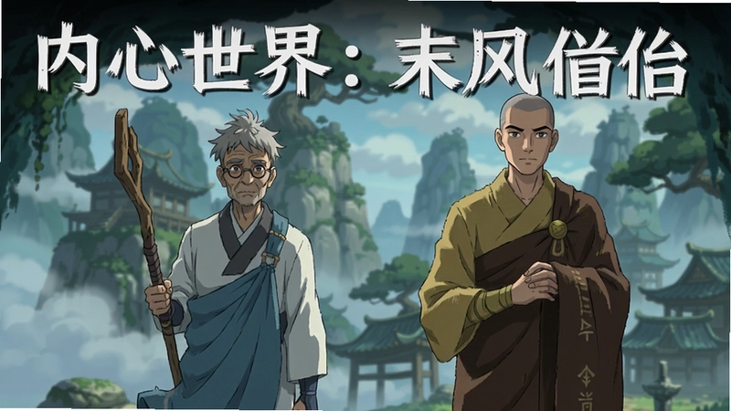 一幅展现内心世界:末风僧侣精美手绘游戏场景的宣传图,包含主角罗伯特与末风僧侣,展现细腻的动画风格与奇幻氛围,“内心世界:末风僧侣”