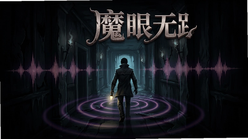 魔眼无踪(See No Evil)游戏主视觉图,黑暗中声波波纹照亮阴森走廊,主角摸索前进,标题“魔眼无踪”