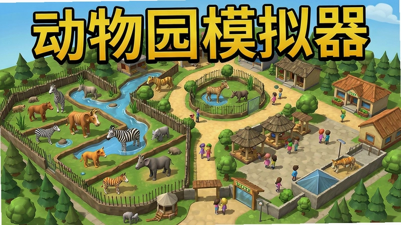 动物园模拟器电脑版游戏截图,展示动物园全景、动物栖息地、游客设施,带有“动物园模拟器”标题文字