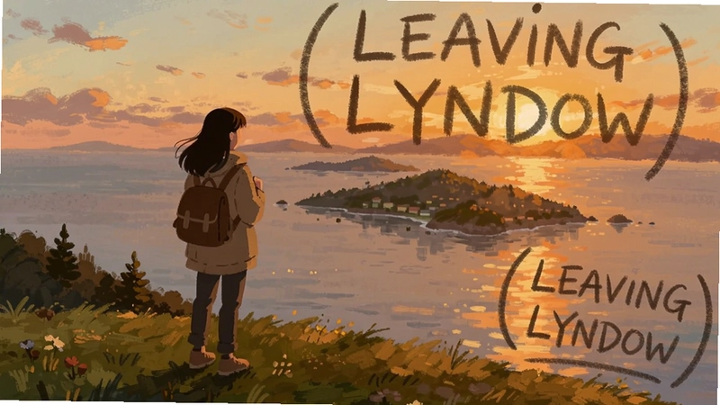 林都(Leaving Lyndow)全景 女主角站在山丘上眺望海岛 手绘油画风格 夕阳 告别 情感治愈