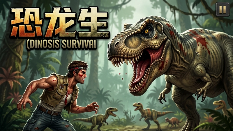 恐龙生存狩猎(Dinosis Survival)游戏主视觉图,展现主角与霸王龙对峙的惊险场景,包含游戏标题文字“恐龙生存狩猎”