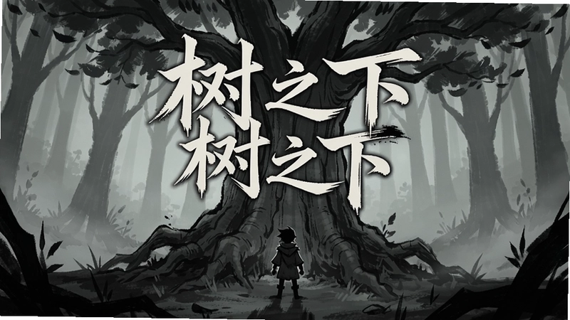 树之下(under the tree)游戏主视觉图,巨大古树与迷雾森林,暗黑手绘风格,主角站在树下,文字“树之下”艺术字