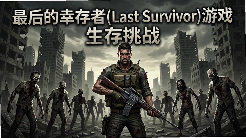 最后的幸存者(Last Survivor)游戏电脑版宣传海报,末日城市废墟、持枪幸存者与丧尸群,文字“最后的幸存者(Last Survivor)游戏 生存挑战”