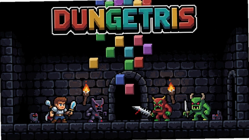 Dungetris 游戏主界面,像素方块从上方掉落,地牢背景中冒险者与怪物对战,标注“Dungetris”游戏标题