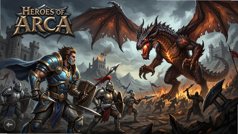 阿尔卡英雄(Heroes of Arca)电脑版游戏主界面,英雄“阿尔卡”率领军队迎战魔龙,魔幻战场场景,高清画质