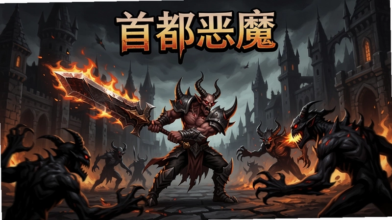 首都恶魔电脑版暗黑主城战斗场景,恶魔主角挥舞巨剑与深渊怪物厮杀,画面中显示“首都恶魔”标题与火焰特效