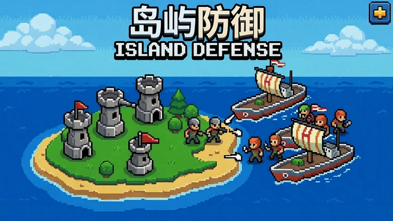 “岛屿防御(Island Defense)游戏主界面展示,包含防御塔、小岛和进攻的敌人船队”