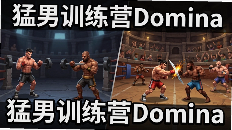 猛男训练营Domina游戏主界面与角斗场场景,包含角色训练和战斗画面,文字标注“猛男训练营Domina”