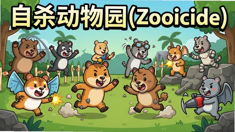 自杀动物园(Zooicide)电脑版游戏主视觉图,卡通动物大乱斗场景,标注