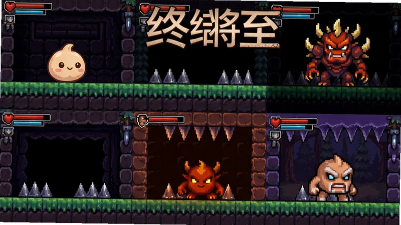终结将至游戏场景合集画面,包含主角小肉团、陷阱关卡、像素风Boss与“终结将至”标准字样