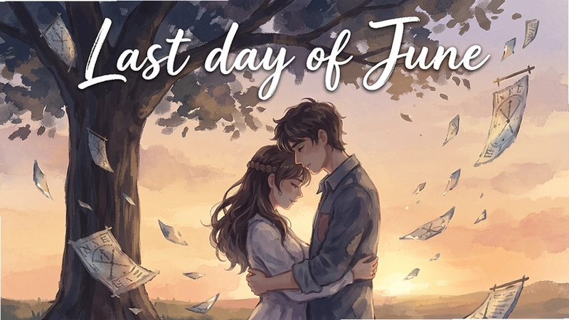 游戏《June的最后一天(Last day of June)》唯美封面艺术,水彩晕染的June与Carl相拥于黄昏树下,配以“Last day of June”手写标题和飞舞的时光碎片。