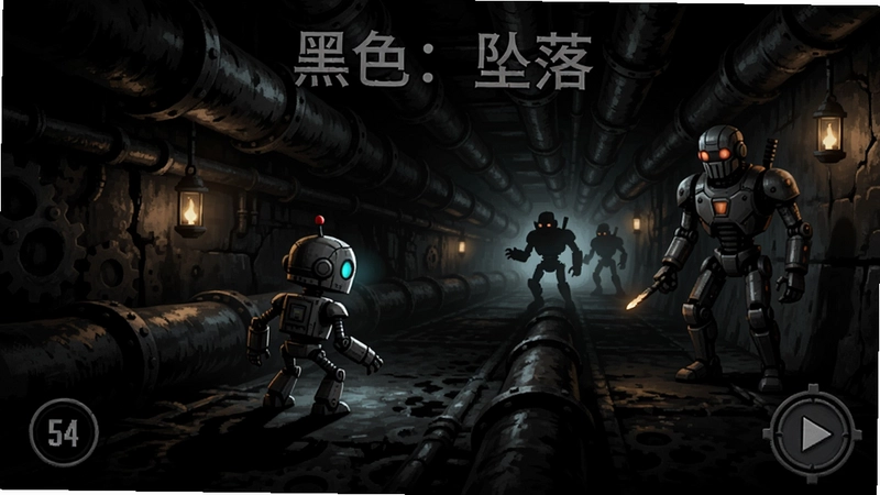 “黑色:坠落”暗黑工业风冒险解谜游戏截图,小机器人在幽暗管道中躲避机器人守卫