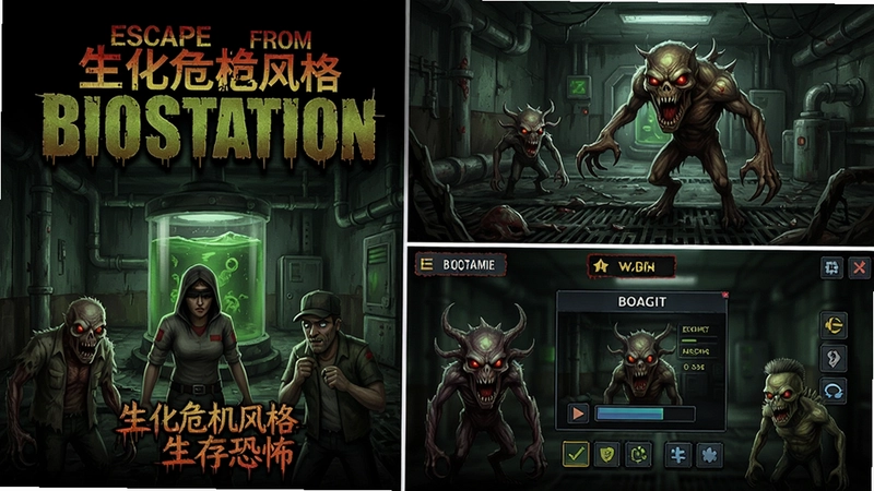 逃离生物处理站(Escape From BioStation)游戏封面、场景、怪物与界面合成图,包含文字“生化危机风格生存恐怖”