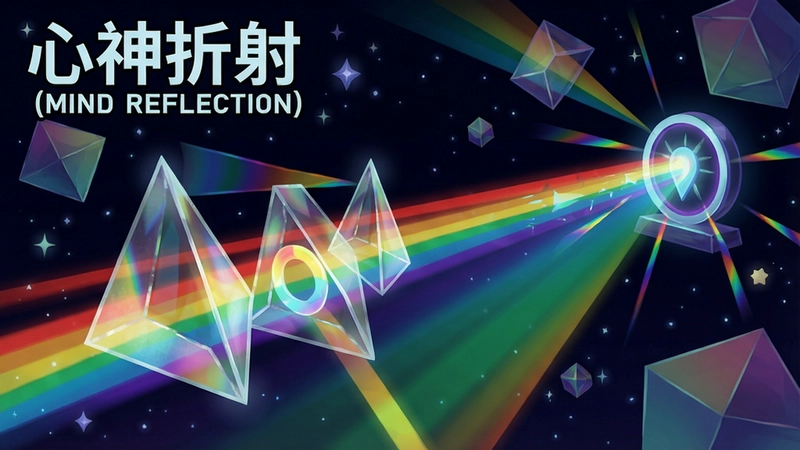 一幅展现“心神折射(MIND REFLECTION)”核心玩法的概念图,画面中多彩光线穿过多个棱镜折射并照亮目标,背景为星空与几何图形,包含游戏标题文字