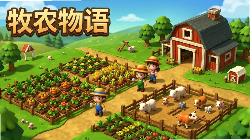 牧农物语电脑版游戏画面,农场全景,种植、养殖、角色互动,标题