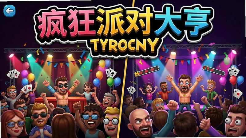 疯狂派对大亨(Party Hard Tycoon)游戏主界面与派对高潮场面,展示经营玩法、混乱场景和独特风格,文字“疯狂派对大亨”