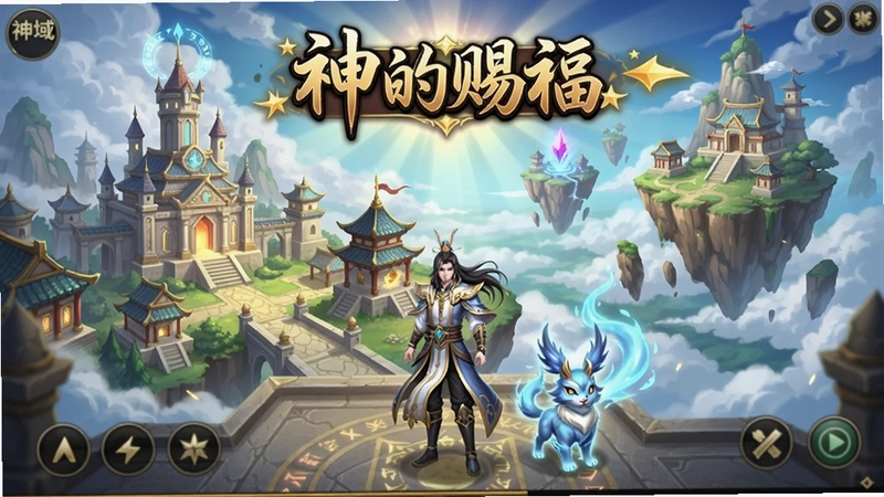 生成一张游戏主界面截图,包含“神的赐福”标题文字,展示神域主城、飘浮的仙岛、主角与灵宠,整体风格唯美玄幻