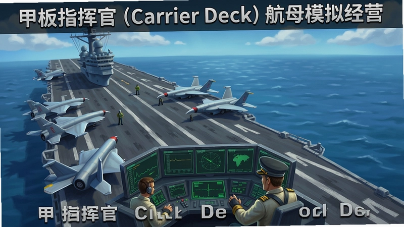 一张展示甲板指挥官 (Carrier Deck)游戏主界面的插画,包含航母甲板、舰载机群和指挥中心,文字注明“甲板指挥官 (Carrier Deck)航母模拟经营”
