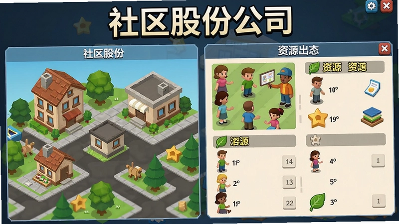 社区股份公司电脑版游戏主界面,包含建筑、居民和资源管理面板,上方有“社区股份公司”标题文字