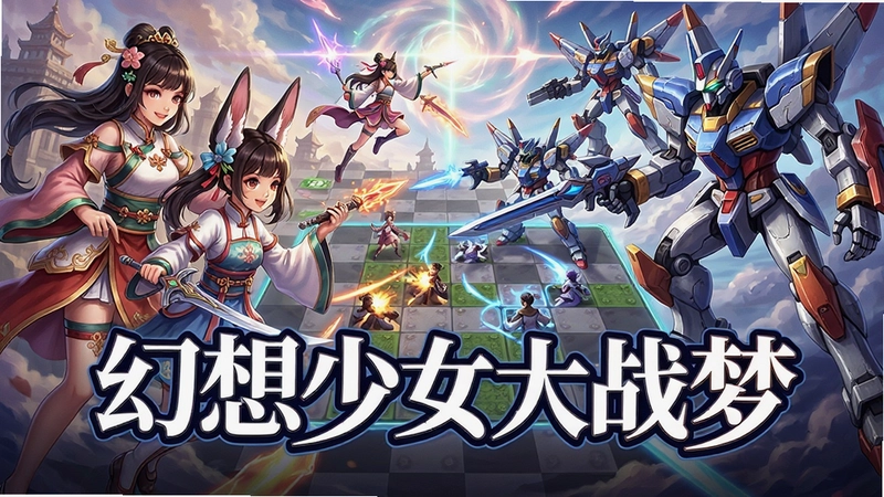 幻想少女大战梦游戏主视觉宣传图,包含多位东方角色与机甲同框,展现策略战棋战斗场景,“幻想少女大战梦”标题文字醒目
