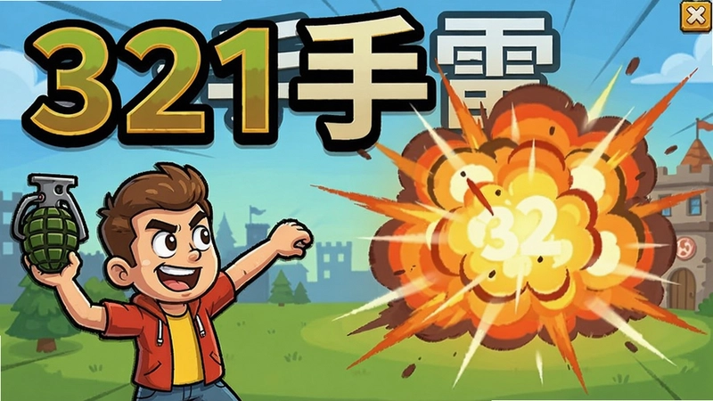 321手雷电脑版游戏主界面,卡通画风,角色正在投掷手雷,爆炸特效绚丽,图上标有“321手雷”文字