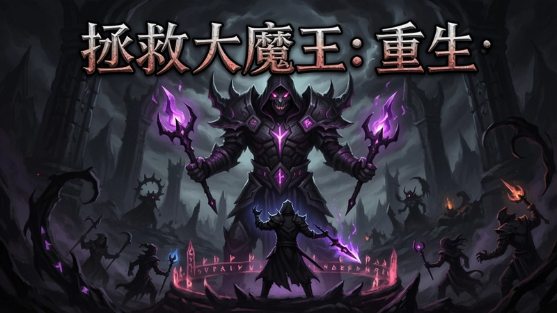 “拯救大魔王:重生”游戏主视觉图,黑暗魔幻风格,重生复仇场景,标题文字“拯救大魔王:重生”