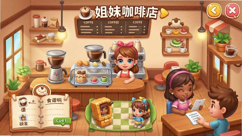 姐妹咖啡店游戏主界面,展示咖啡店经营、姐妹角色、食谱研发、装修与顾客互动场景,卡通温馨风格