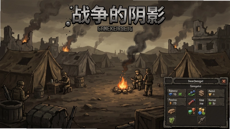 描绘战后废土营地经营场景,包含“战争的阴影”游戏标题与资源管理界面