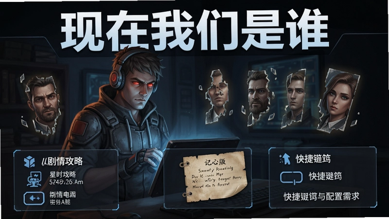 “现在我们是谁”游戏电脑版封面,包含主角、记忆碎片、剧情攻略、快捷键与配置需求的关键信息图