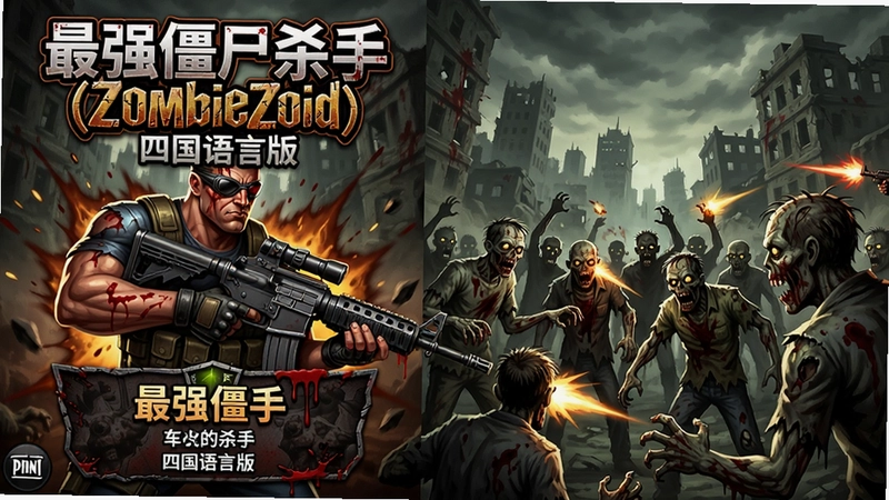 游戏封面与战斗场景,“最强僵尸杀手(ZombieZoid)四国语言版”角色持枪面对成群僵尸,突出中文菜单界面和血腥风格