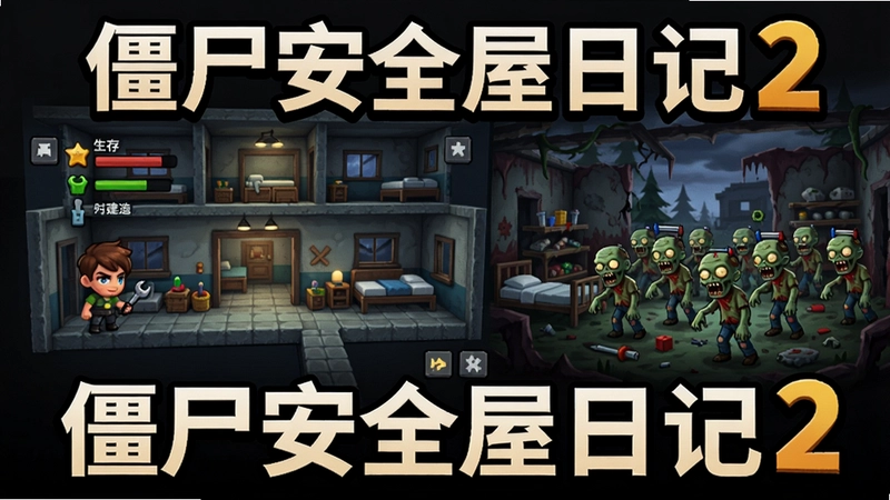 僵尸安全屋日记2游戏主视觉图,展示安全屋建造界面、角色状态与僵尸场景,突出“生存、建造、对抗”核心玩法
