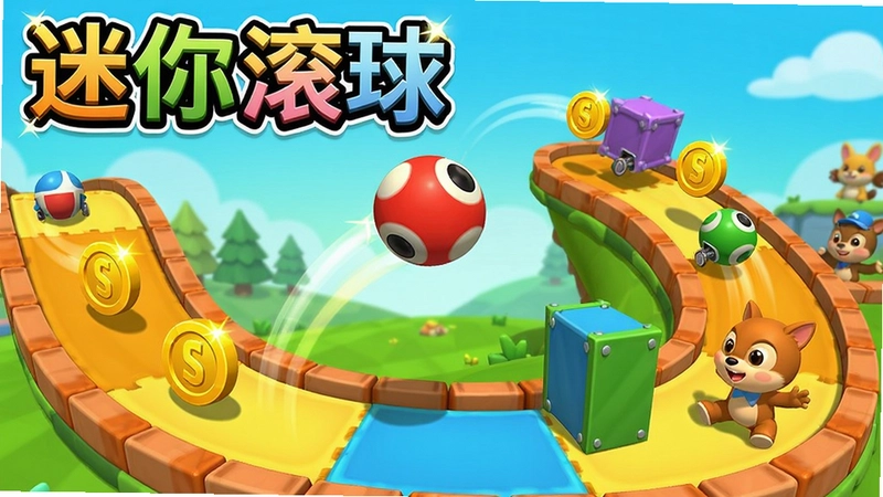 迷你滚球游戏精彩场景,包含滚球在赛道上跳跃、收集金币、避开障碍物,色彩明亮,文字“迷你滚球”