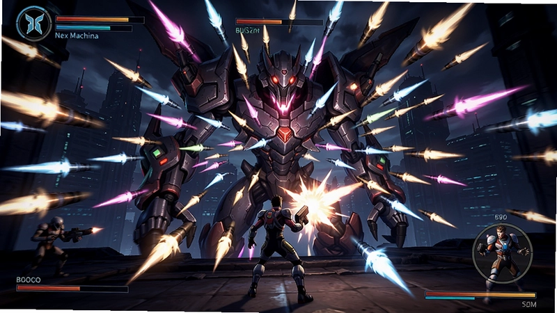 死亡机器(Nex Machina)游戏最终BOSS战全景,漫天弹幕与霓虹光效,主角全力输出