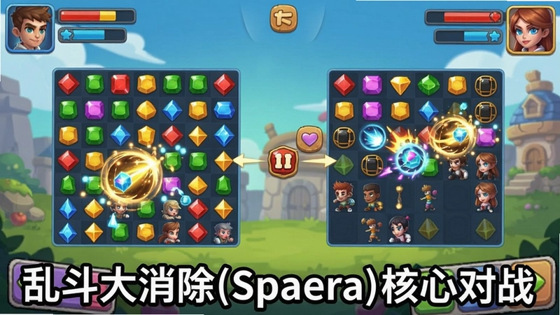 乱斗大消除(Spaera)游戏主界面与对战场景,包含多彩宝石消除、技能特效和双方角色状态,文字注明“乱斗大消除(Spaera)核心对战”