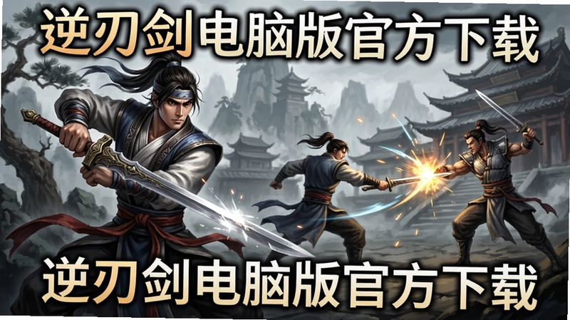 逆刃剑游戏封面与战斗场景,武侠角色持剑,文字“逆刃剑电脑版官方下载”