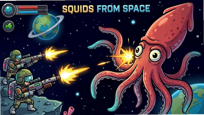 太空乌贼(SQUIDS FROM SPACE)游戏战斗场景,人类士兵与巨型乌贼激烈交火,色彩鲜艳风格卡通