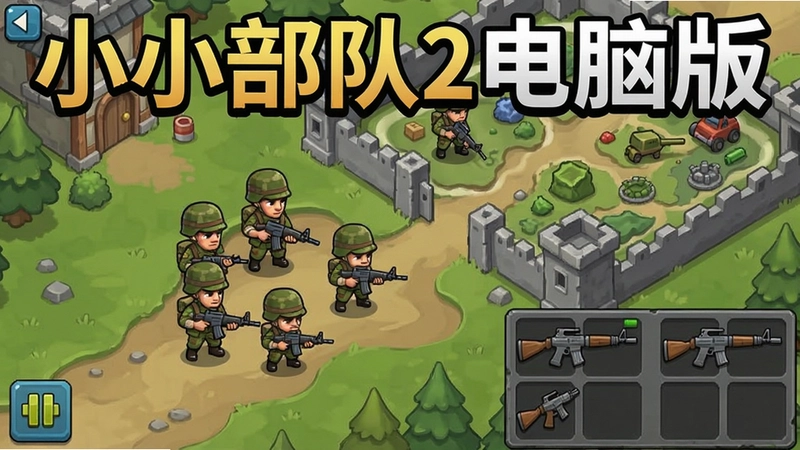 小小部队2电脑版游戏主界面,包含士兵小队、战场地图、武器栏,俯视角,卡通渲染风格,中文“小小部队2电脑版”标题