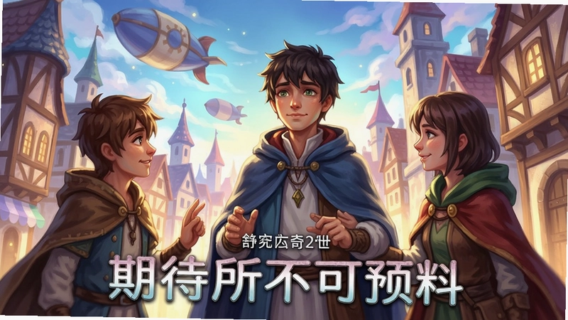 一幅展现期待所不可预料主角与同伴在梦幻城镇相聚的插画,标注“期待所不可预料”奇幻世界
