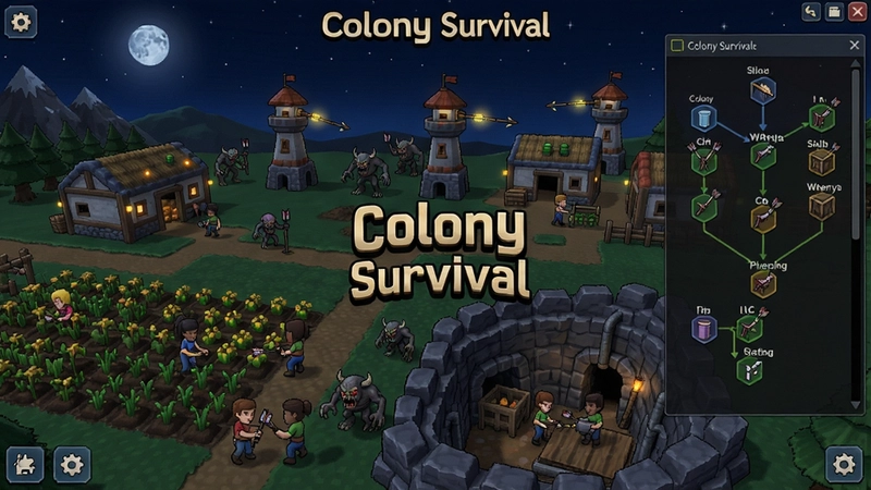 Colony Survival电脑版游戏主界面,展现殖民地全景,殖民者正在农场和矿井工作,夜晚防御塔射箭抵御怪物,科技树菜单展开,屏幕中显示“Colony Survival”文字