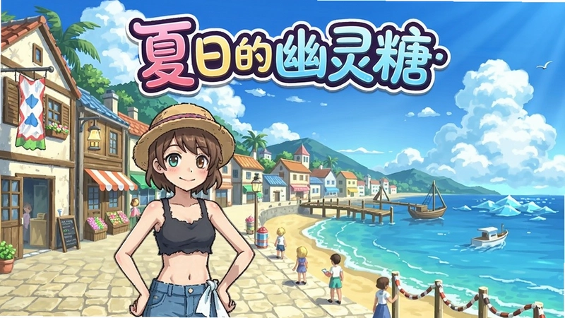 夏日的幽灵糖游戏主界面,包含角色立绘与海边小镇背景,标题“夏日的幽灵糖”艺术字样